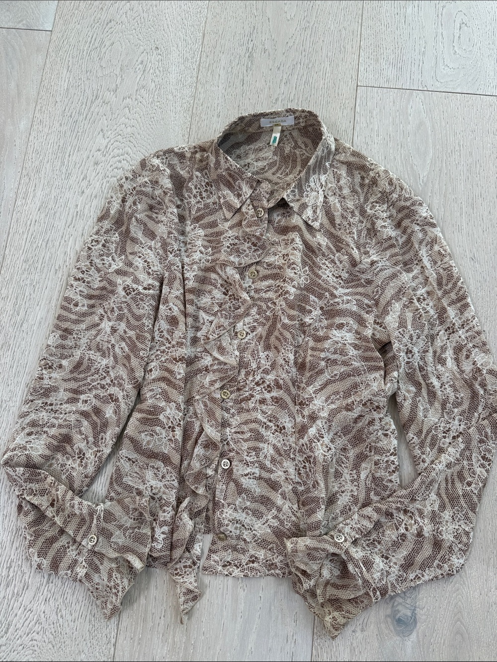 Escada Cream and Brown Lace-Pattern Ruffle Blouse